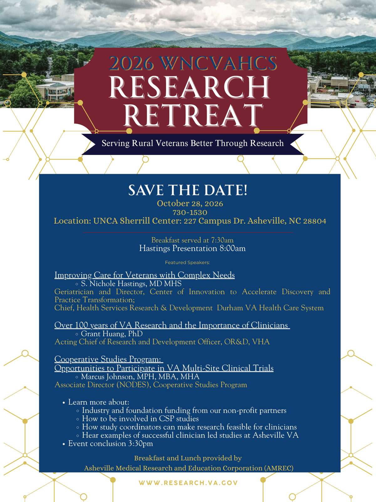 2026 WNCVAHCS Research Retreat flyer with date, location, featured speakers, and agenda details